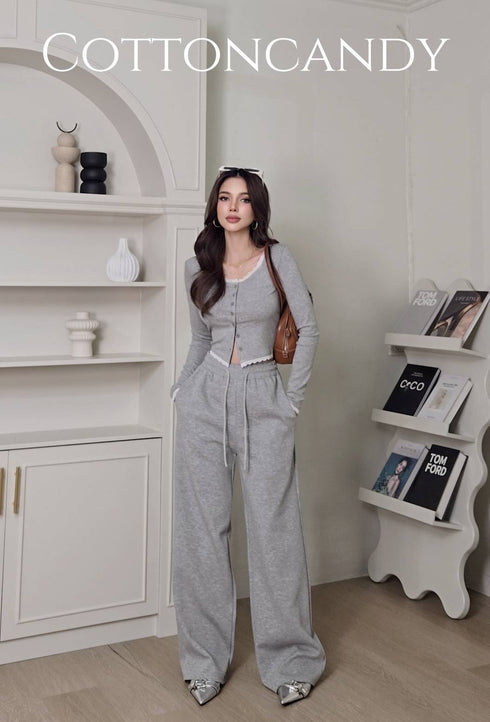 Casual Lace Detail Long Sleeves Blouse With Straight Cut Jogger Pant Sets